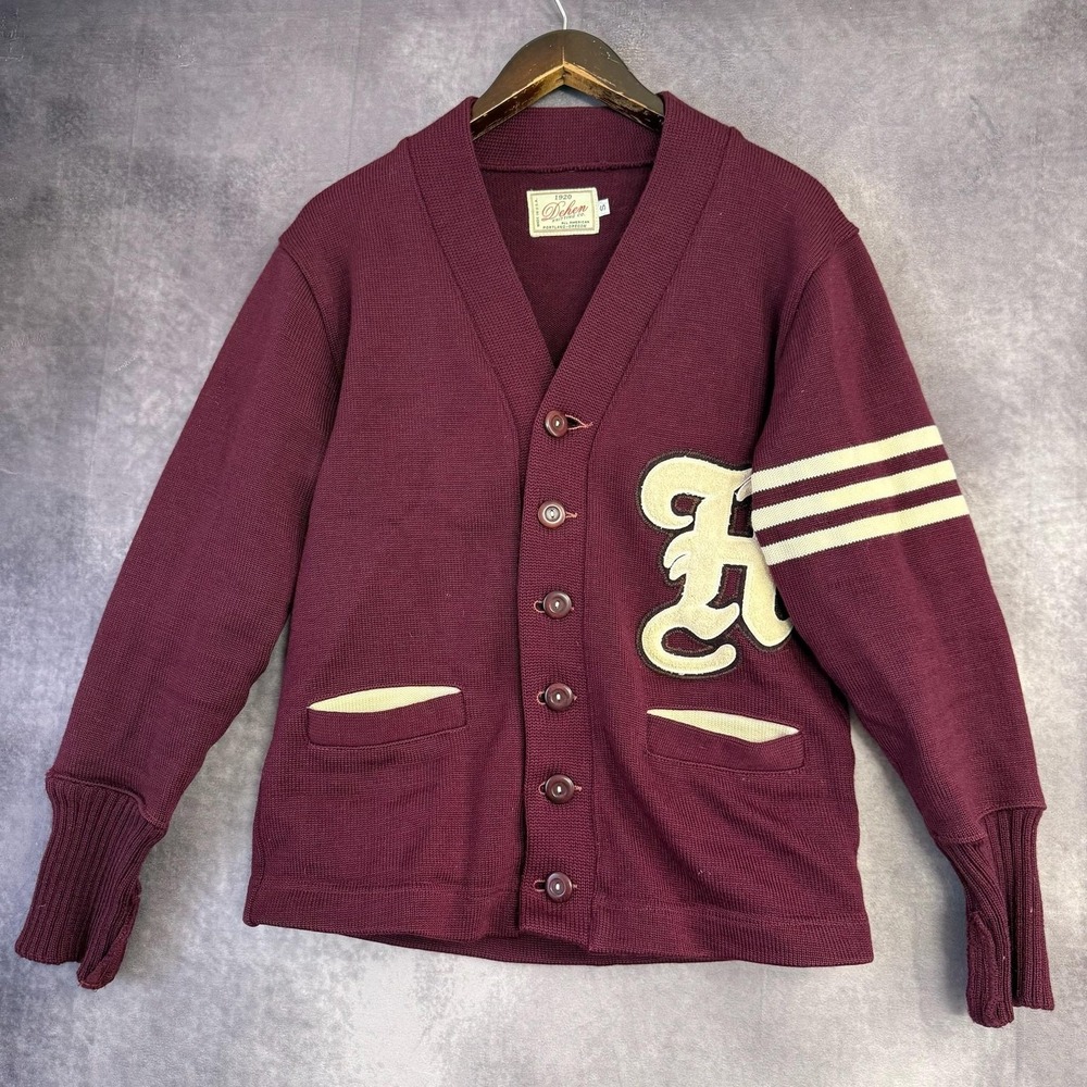 Vintage Dehen Sweater Cardigan Men Size Small Red Wool Varsity Letterman Knit